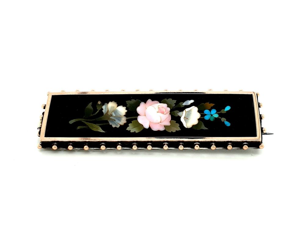 9ct Gold and Silver Pietra Dura Brooch (58x18mm) (22199)